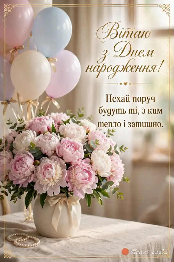 Півонії й пастельні кульки в золотій рамці, побажання тепла і затишку поруч