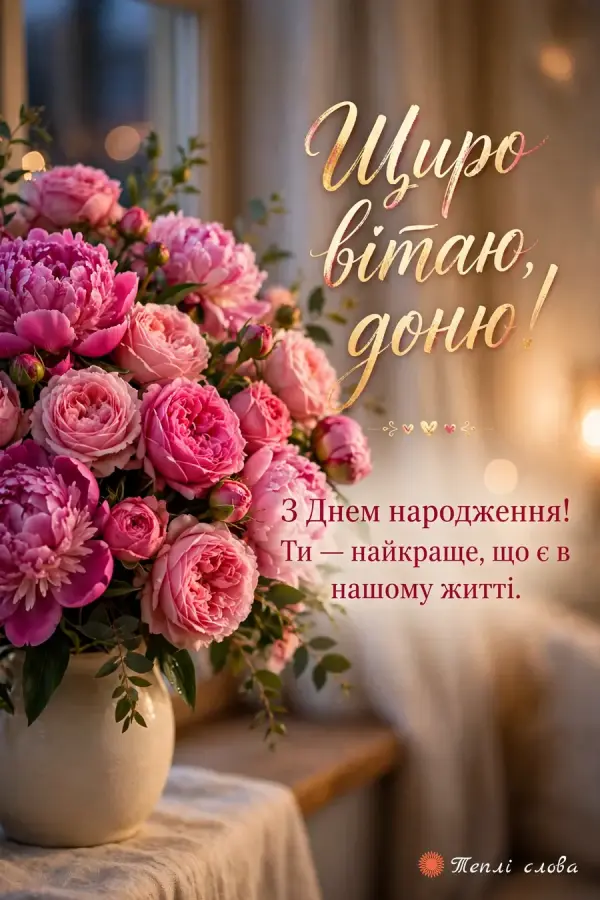 Півонії й троянди у вазі ввечері — «Щиро вітаю, доню!» і «Ти — найкраще в нашому житті»