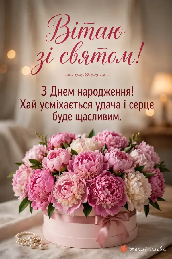 Рожеві півонії в капелюшній коробці, «Вітаю зі святом!» з побажанням щасливого серця
