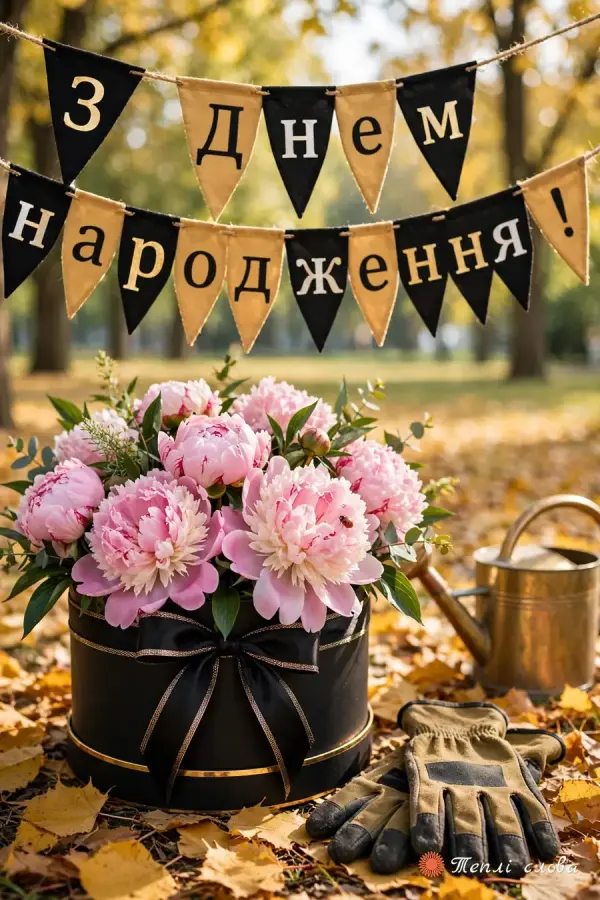 Пишні півонії в чорній коробці в осінньому саду під прапорцями з днем народження