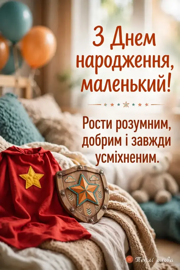 Червоний плащ супергероя зі зіркою і щит, «З Днем народження, маленький!»