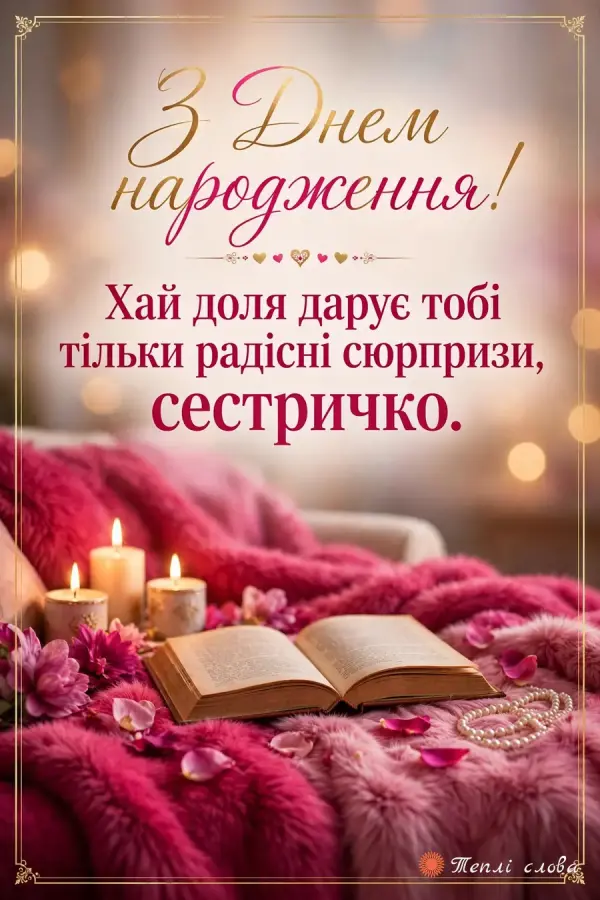 Малиновий плед, свічки й розгорнута книга, побажання радісних сюрпризів