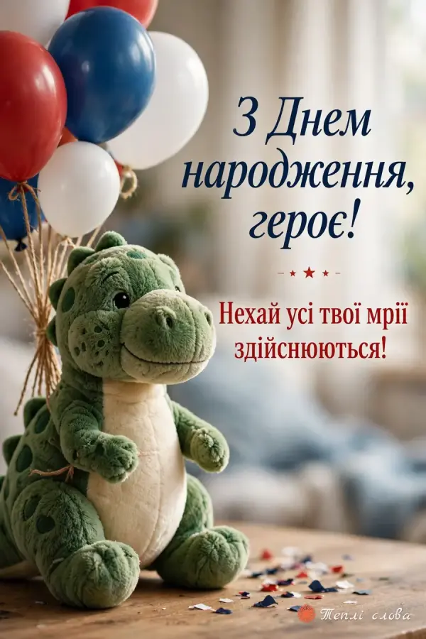 Плюшевий динозаврик з кульками — «З Днем народження, героє!»