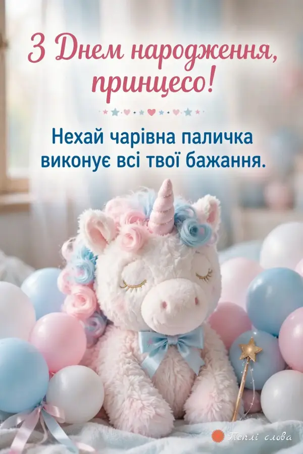 Плюшевий єдиноріг серед пастельних кульок і побажання, щоб паличка виконувала бажання