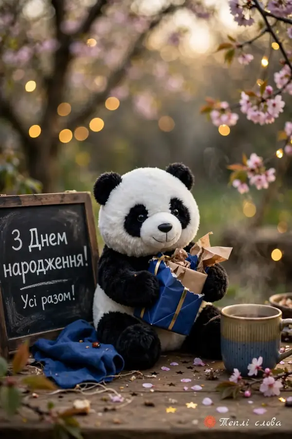 Плюшева панда з подарунком і крейдяна дошка «Усі разом!»