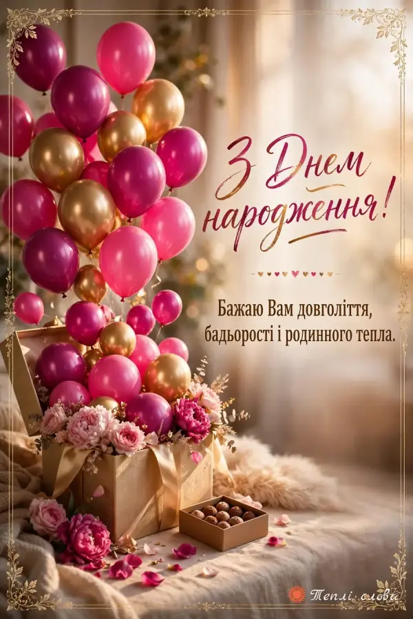 Подарункова коробка, з якої вилітають рожеві й золоті кульки, побажання довголіття