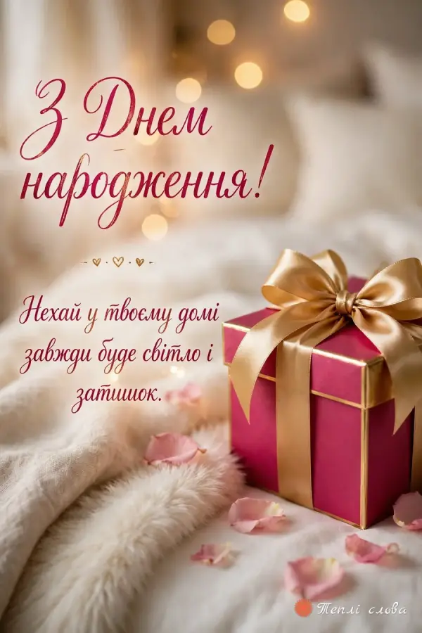 Подарунок із золотим бантом на ліжку і побажання світла й затишку вдома