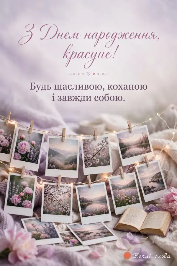 Полароїди з квітами й пейзажами на гірлянді — «З Днем народження, красуне!»