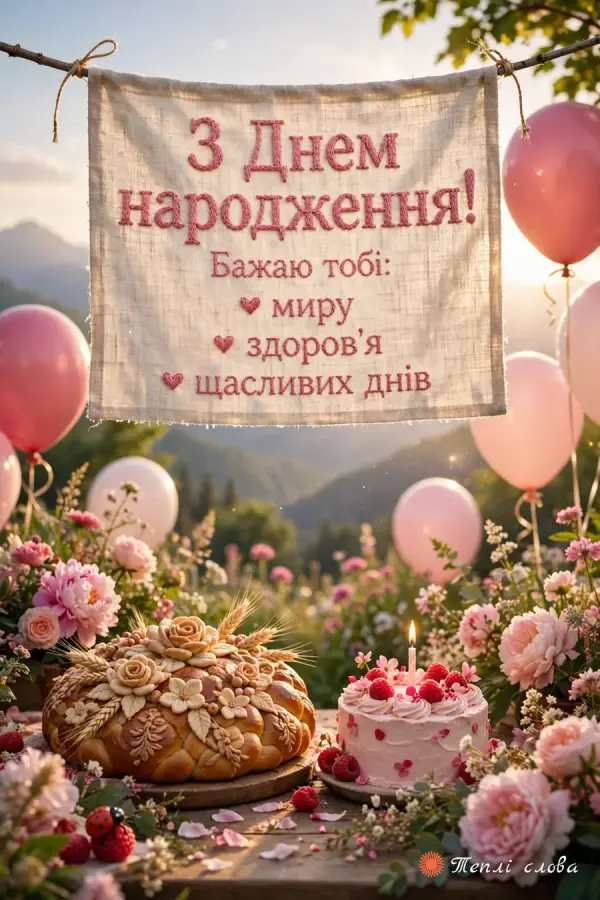 Полотно з побажанням миру й здоров'я на тлі гір, кульок і святкового столу