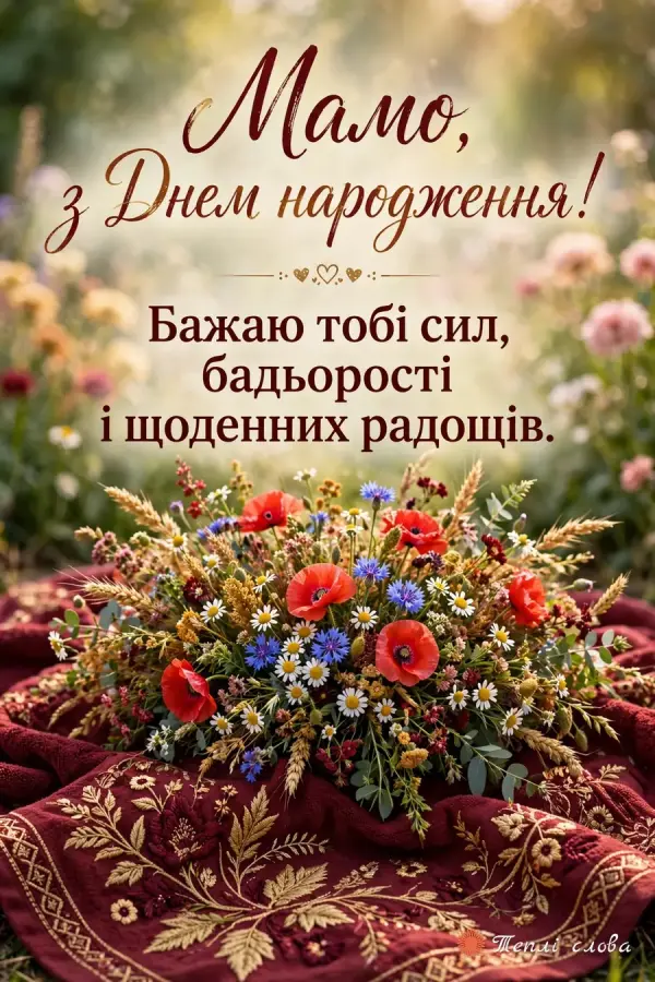 Польові квіти з маками й колосками на вишитому рушнику і побажання бадьорості