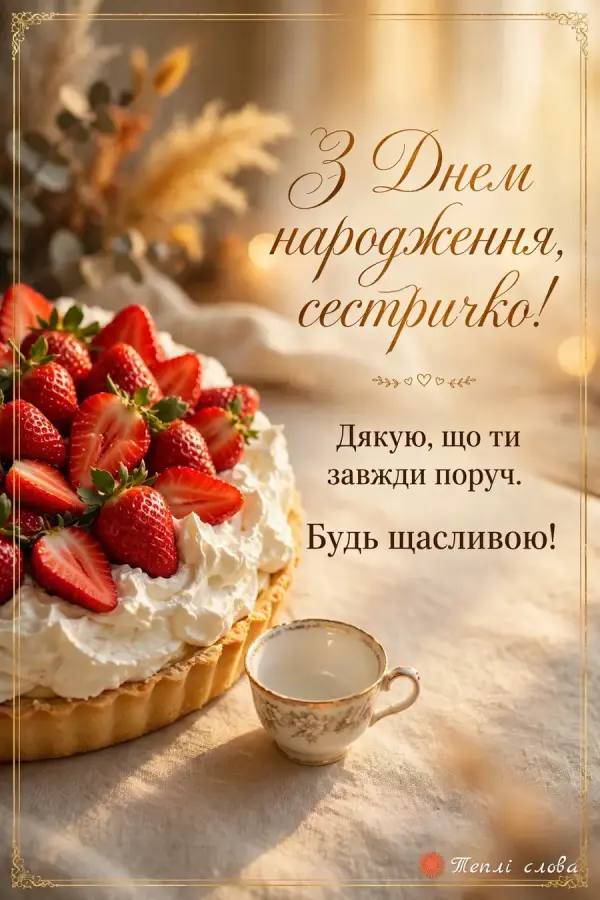 Листівка з днем народження сестричко: полуничний тарт із кремом і подяка «Дякую, що ти завжди поруч»