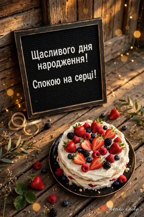 Полуничний торт на дерев'яному столі й дошка «Спокою на серці!»