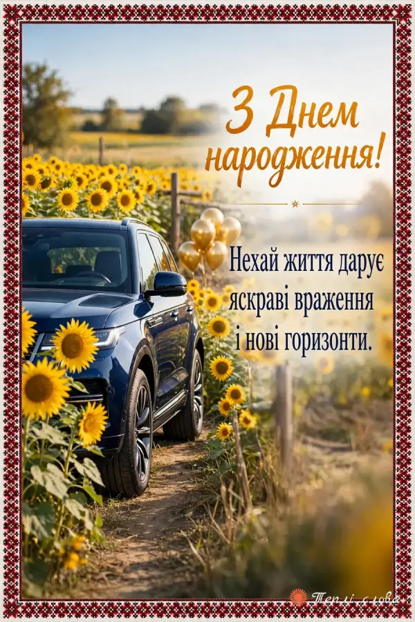 Синій позашляховик біля соняшникового поля у вишитій рамці, побажання нових горизонтів