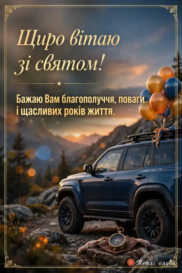 Позашляховик у горах на заході з кульками на даху, «Щиро вітаю зі святом!»