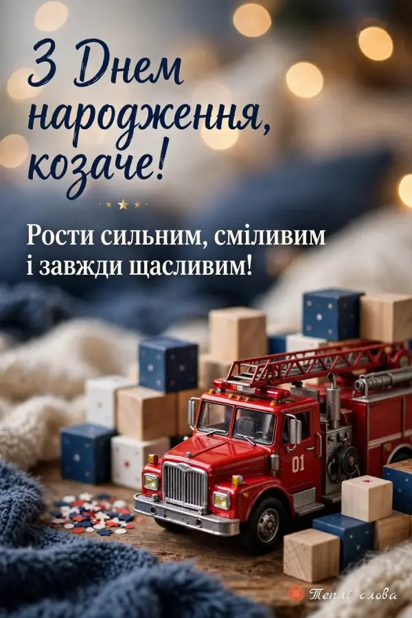 Червона пожежна машинка і кубики — «З Днем народження, козаче!»