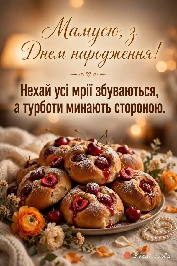 Пиріжки з вишнями на тарілці — «Мамусю, з Днем народження!» і побажання збуття мрій