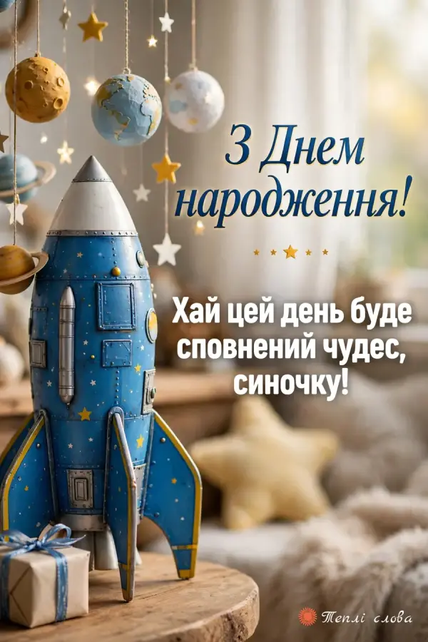 Синя ракета-іграшка серед планет і зірок, побажання дня, сповненого чудес