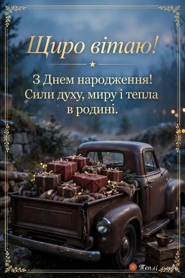 Ретро-пікап з подарунками в кузові, «Щиро вітаю!» з побажанням миру в родині