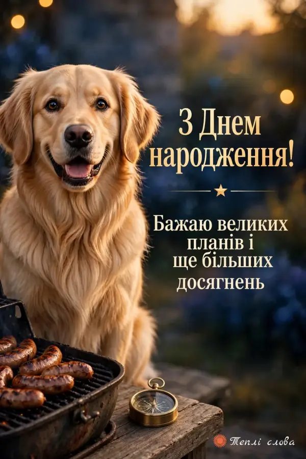 Золотистий ретривер біля мангала з ковбасками — бажаю великих планів і досягнень