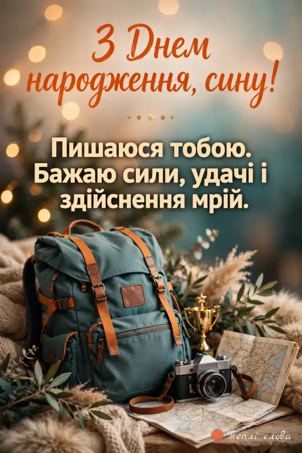 Похідний рюкзак, карта і фотоапарат — «З Днем народження, сину!» і слова гордості
