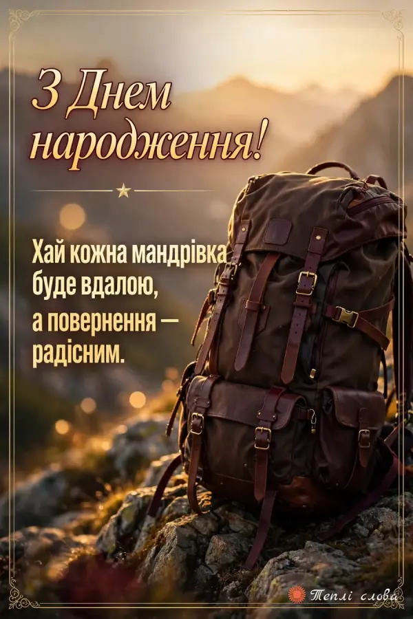 Похідний рюкзак на гірській вершині на світанку і побажання вдалих мандрівок