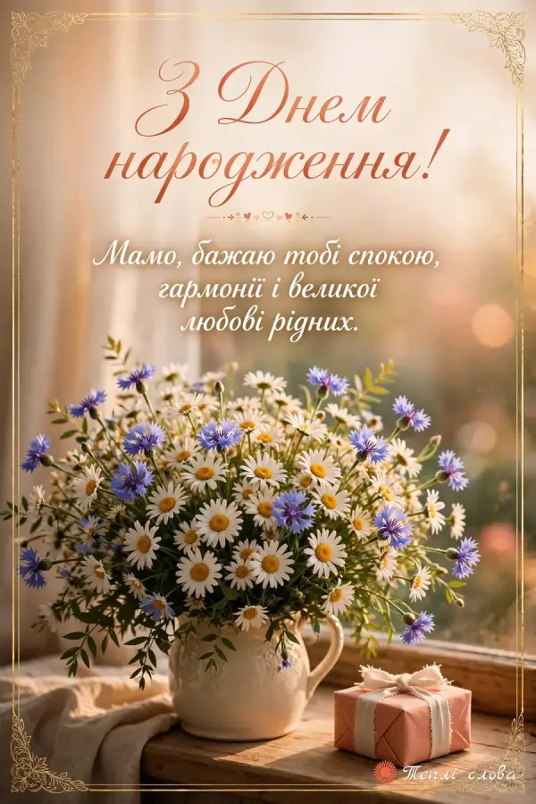 Ромашки й волошки в глечику біля вікна, побажання спокою і любові рідних
