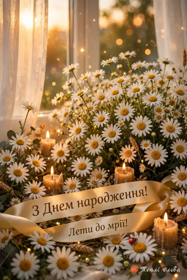 Поле ромашок у сонці, свічки й атласна стрічка «Лети до мрії!»