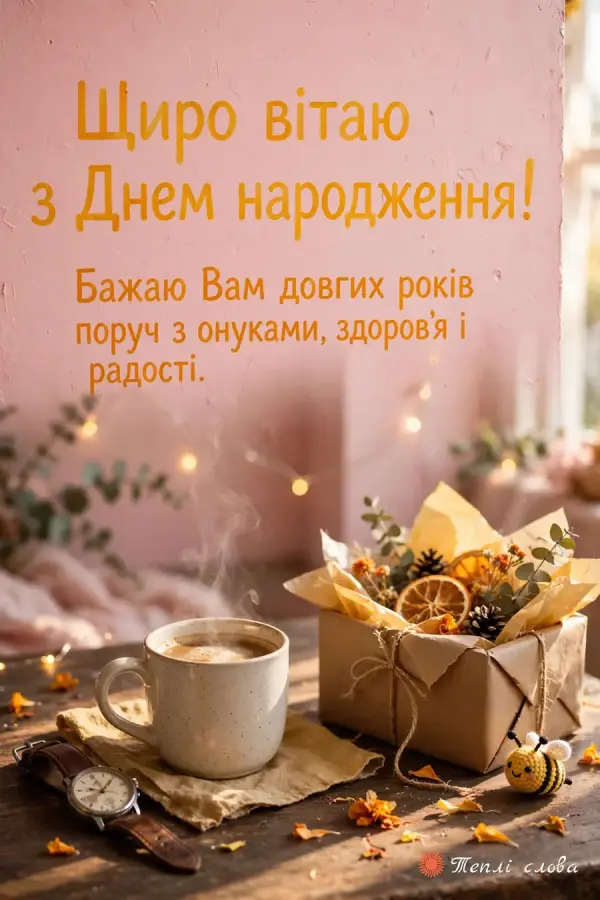 Рожева стіна з побажанням довгих років поруч з онуками й подарунок на столі