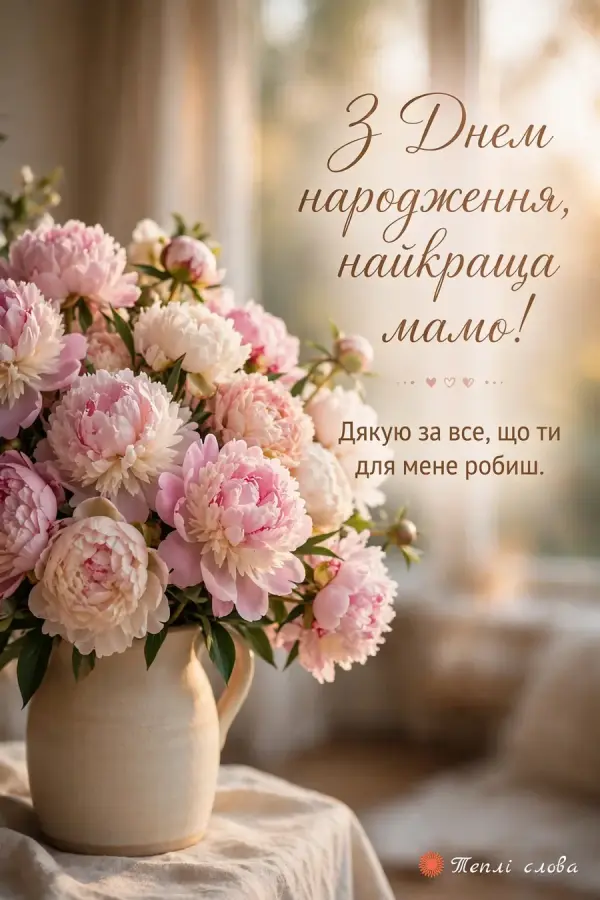 Рожеві й кремові півонії в глечику — «З Днем народження, найкраща мамо!»