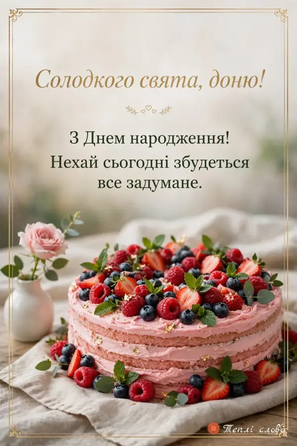 Рожевий торт з ягодами в золотій рамці — «Солодкого свята, доню!»
