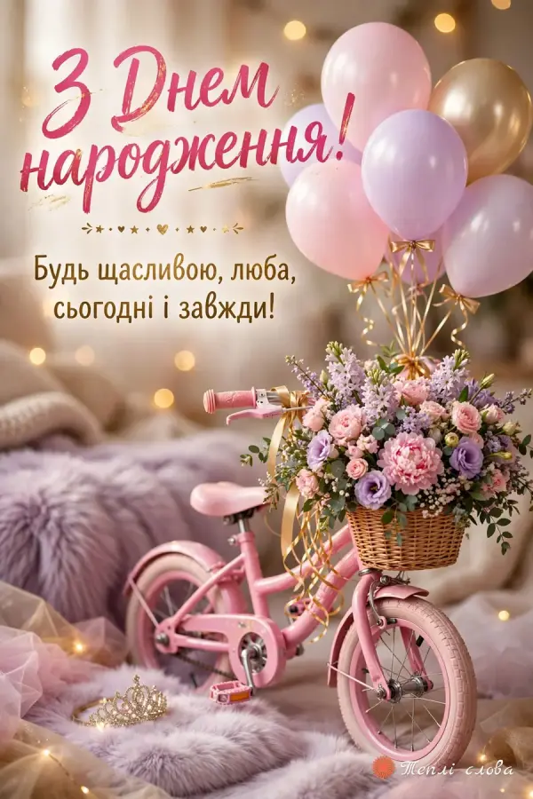 Рожевий дитячий велосипед з кошиком квітів і кульками, «Будь щасливою, люба!»