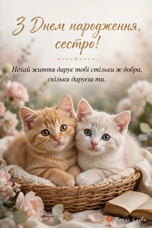 Руде й біле кошенята в кошику і побажання стільки ж добра, скільки даруєш ти