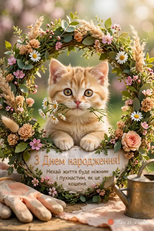 Руде кошеня з ромашками в зубах у квітковому вінку і серце з побажанням ніжності