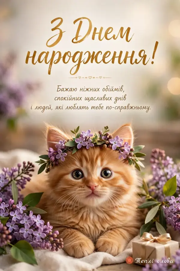 Руде кошеня у віночку з бузку дивиться в камеру, напис «З Днем народження!» і побажання ніжних обіймів