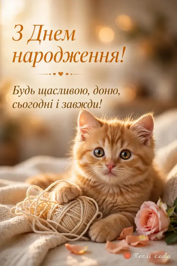 Руде кошеня з клубком і трояндою, побажання бути щасливою сьогодні і завжди