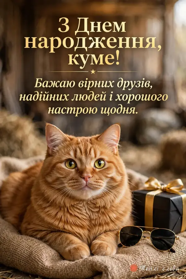 Рудий кіт на мішку в коморі з подарунком і побажання вірних друзів і гарного настрою