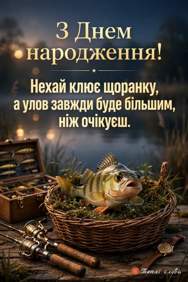 Рибальські снасті й окунь у кошику на світанку — побажання, щоб улов був більшим за очікування