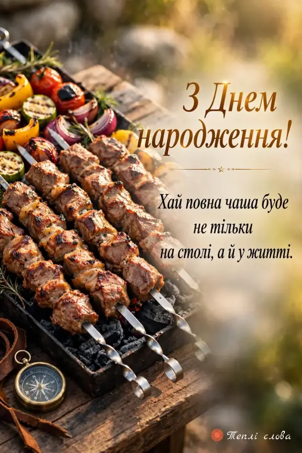Шашлик на шампурах з овочами на мангалі й побажання повної чаші не лише на столі