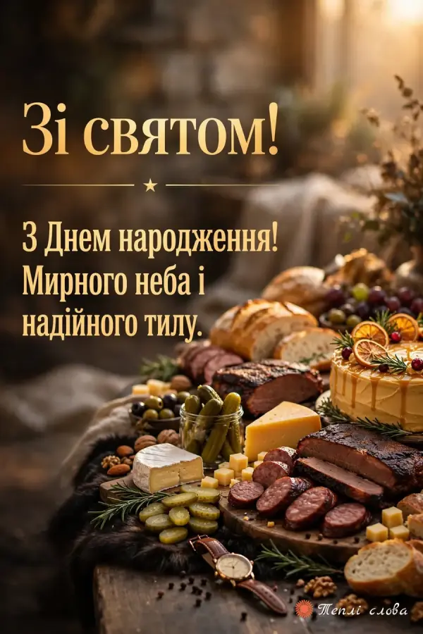 Щедрий стіл з м'ясом, сиром, огірками й тортом, «Зі святом!» і побажання надійного тилу