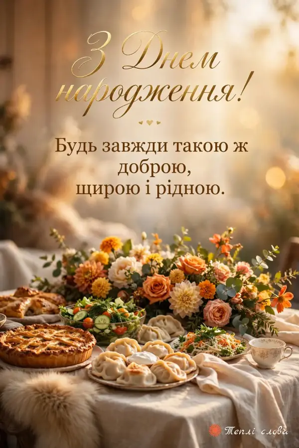 Щедрий святковий стіл з варениками, пирогом і квітами, побажання бути такою ж рідною