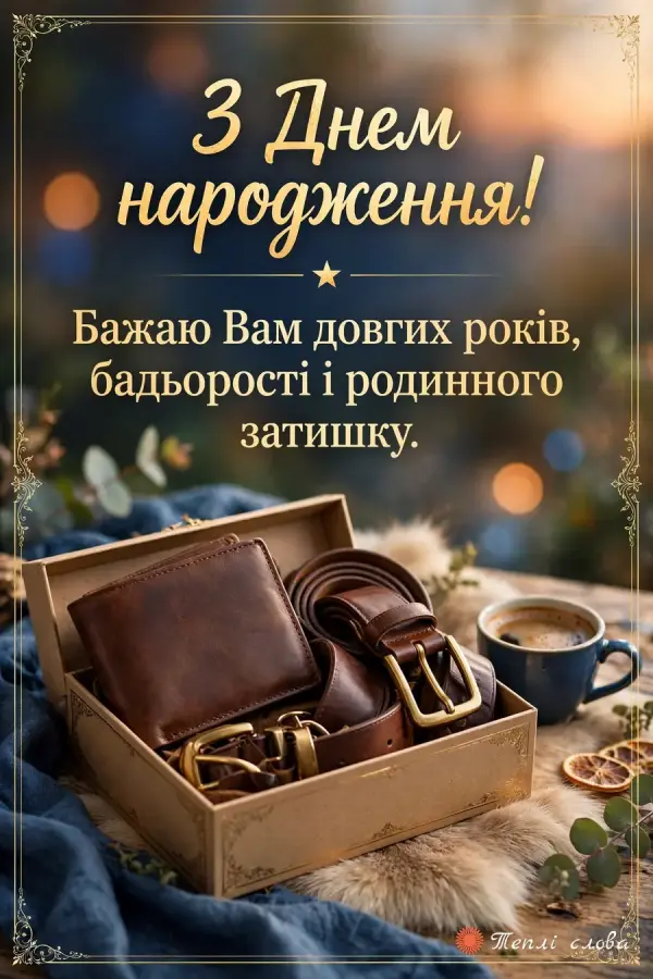 Шкіряний гаманець і ремінь у подарунковій коробці, побажання довгих років і затишку