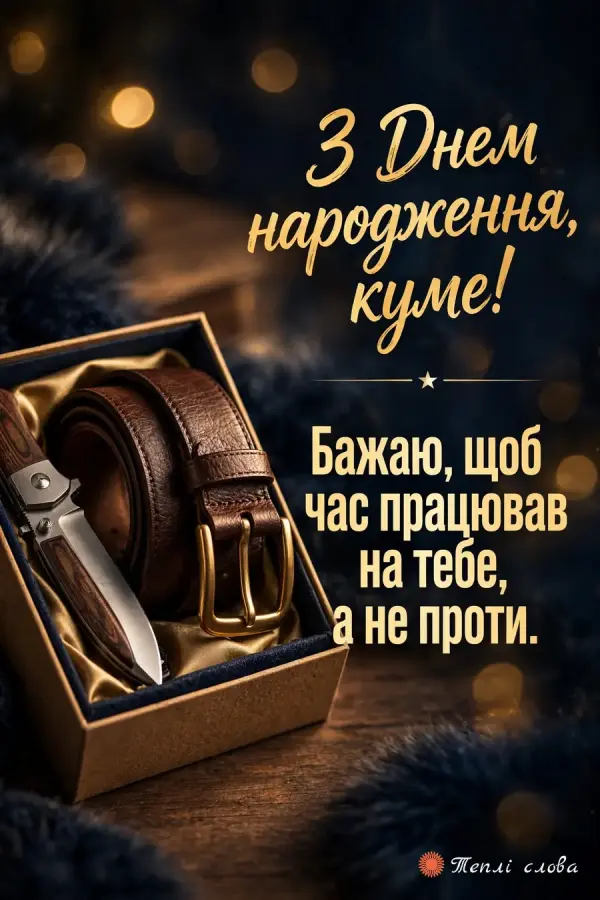 Шкіряний пояс і складаний ніж у подарунковій коробці й побажання, щоб час працював на тебе