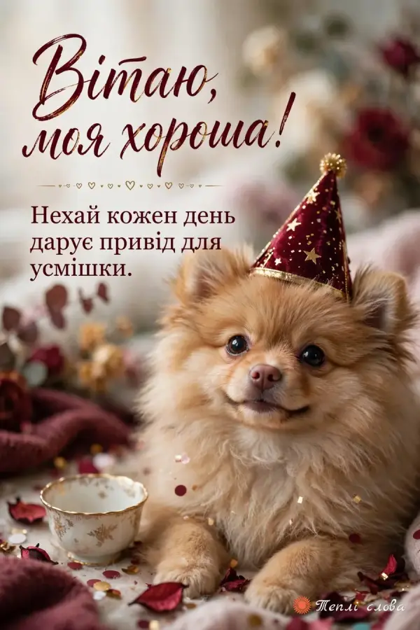 Шпіц у бордовому святковому ковпачку — «Вітаю, моя хороша!»
