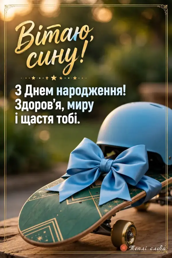 Скейтборд із блакитним бантом і шолом, «Вітаю, сину!» з побажанням миру