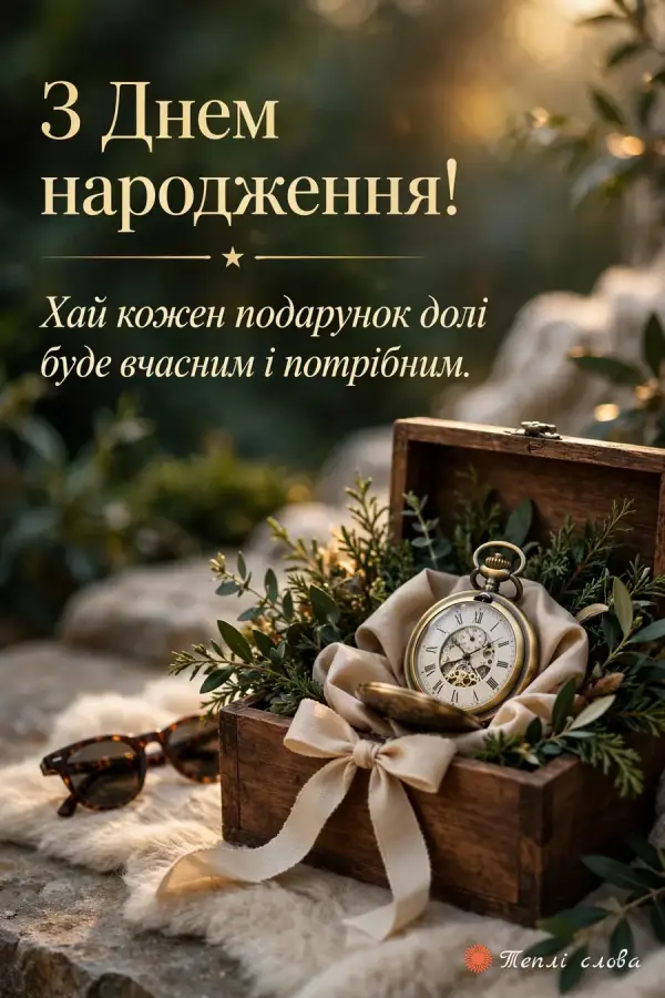 Дерев'яна скринька з кишеньковим годинником і побажання, щоб подарунки долі були вчасними