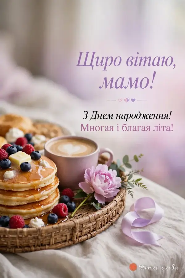 Сніданок з млинцями, ягодами й кавою та півонія — «Щиро вітаю, мамо! Многая і благая літа!»