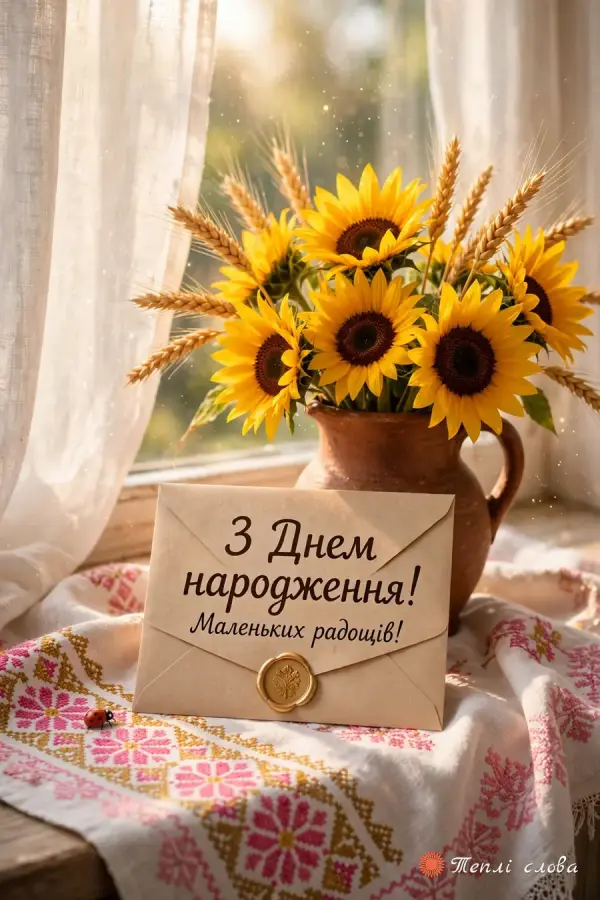 Соняшники в глечику на вишитому рушнику та конверт «Маленьких радощів!»