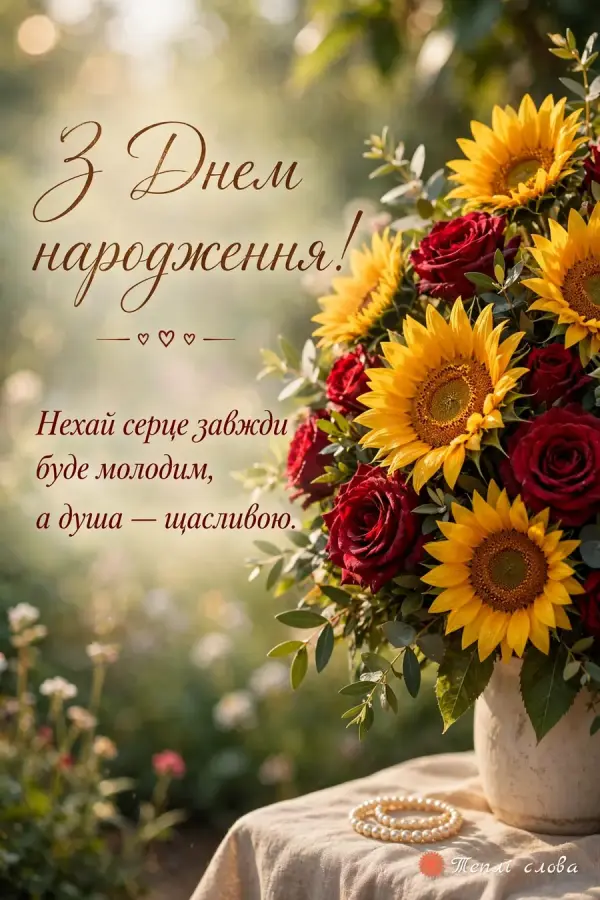 Соняшники й червоні троянди у вазі, побажання молодого серця і щасливої душі