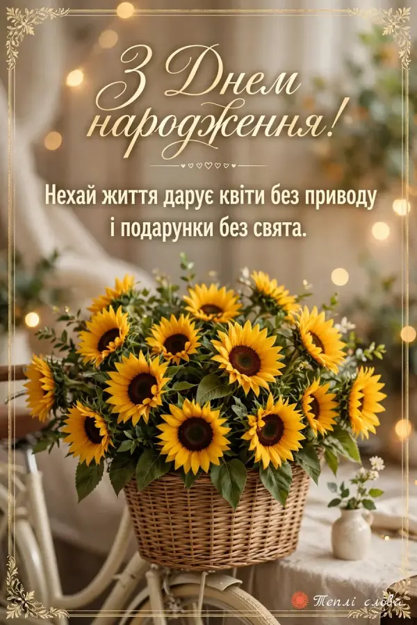 Соняшники в кошику велосипеда і побажання квітів без приводу