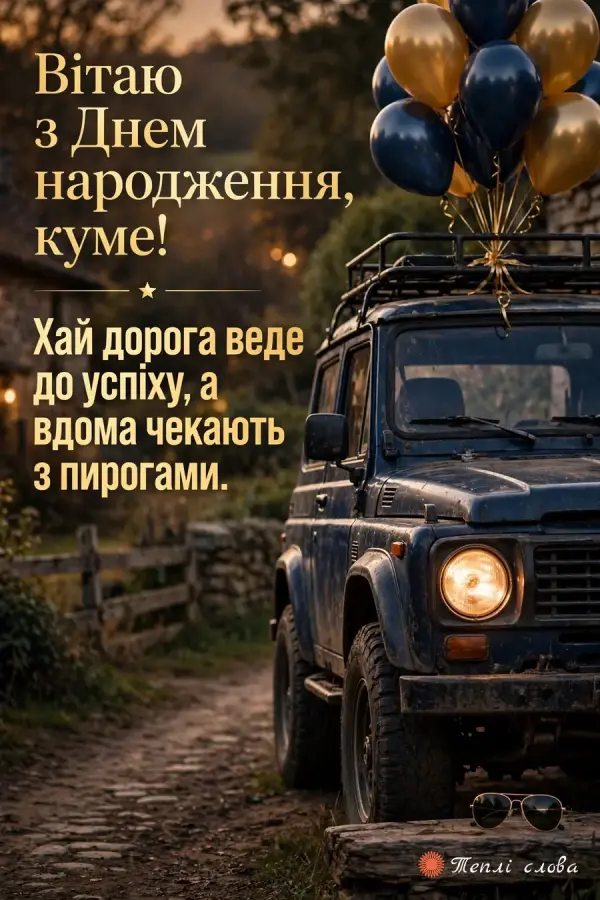 Старий позашляховик із синьо-золотими кульками на сільській дорозі й побажання шляху до успіху
